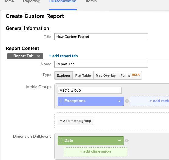 Google Analytics Exception Report